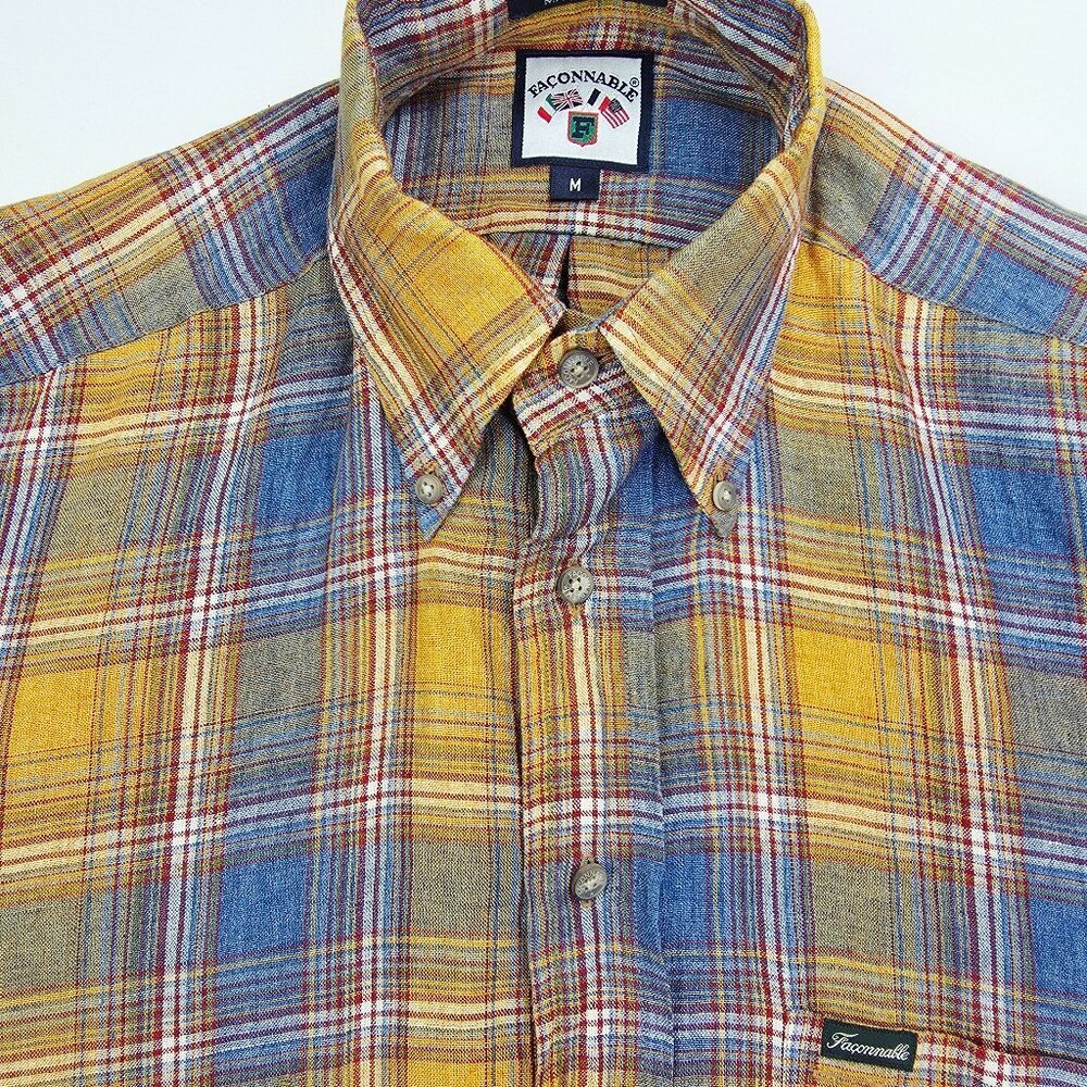 Faconnable Size Medium Mens Mustard Blue Plaid Linen Pocket Logo Tag Button Down